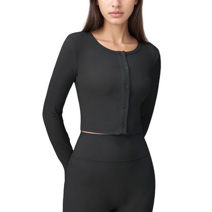 Anna-Kaci Active Women's Long Sleeve Cropped Button Front Top with Fitted Stretch Design