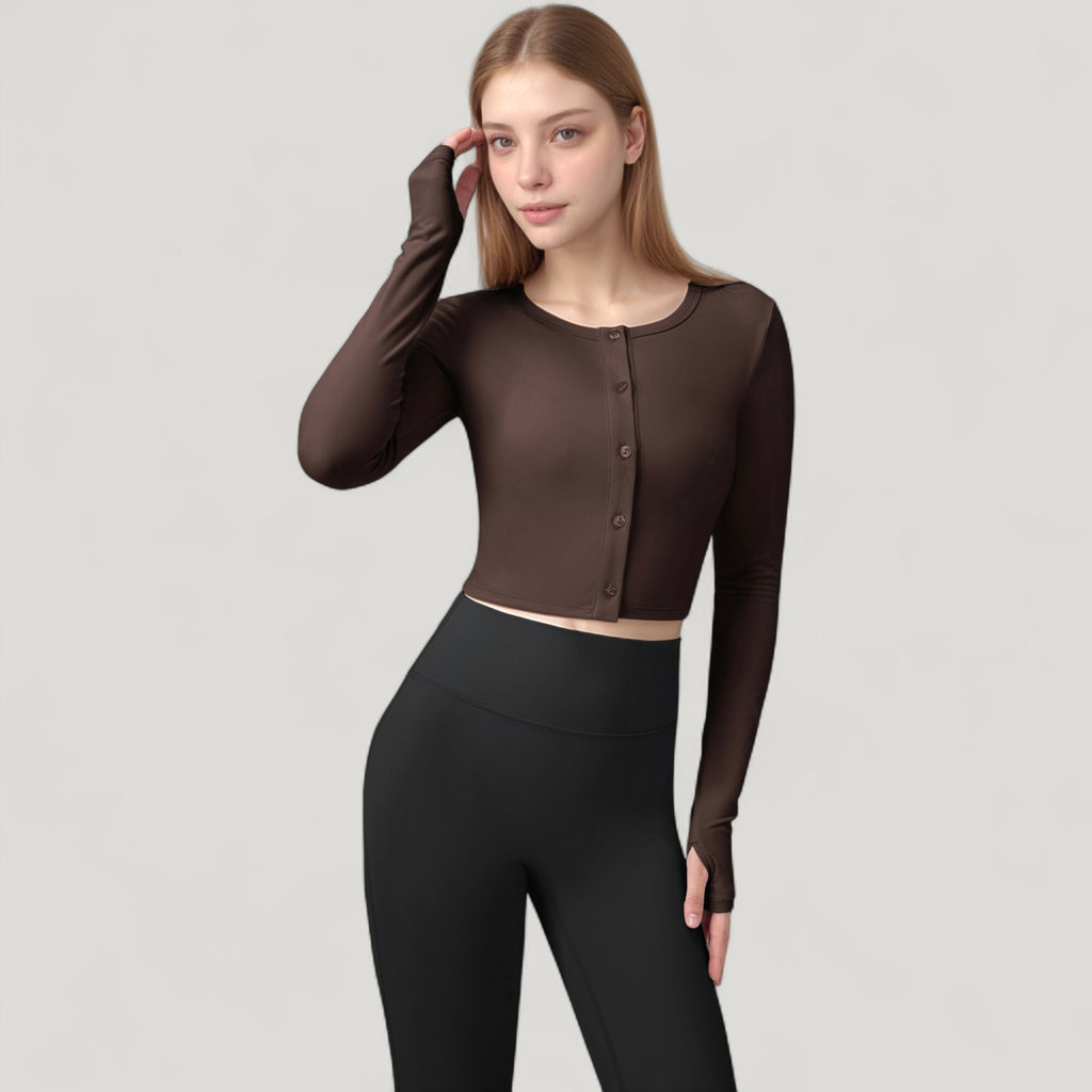 Anna-Kaci Active Women's Long Sleeve Cropped Button Front Top with Fitted Stretch Design