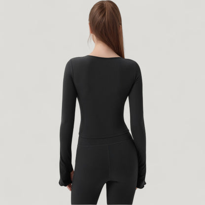 Anna-Kaci Active Women's Long Sleeve Ribbed Knit Fitted Top with Asymmetrical Neckline and Thumbhole Cuffs