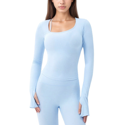 Anna-Kaci Active Women's Long Sleeve Ribbed Knit Fitted Top with Asymmetrical Neckline and Thumbhole Cuffs