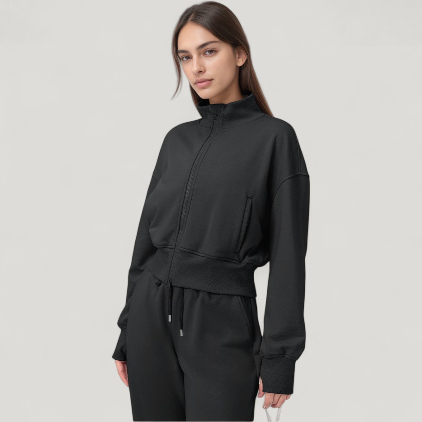 Anna-Kaci Active Women's Cropped Zip-Up Jacket with High Collar and Long Sleeves