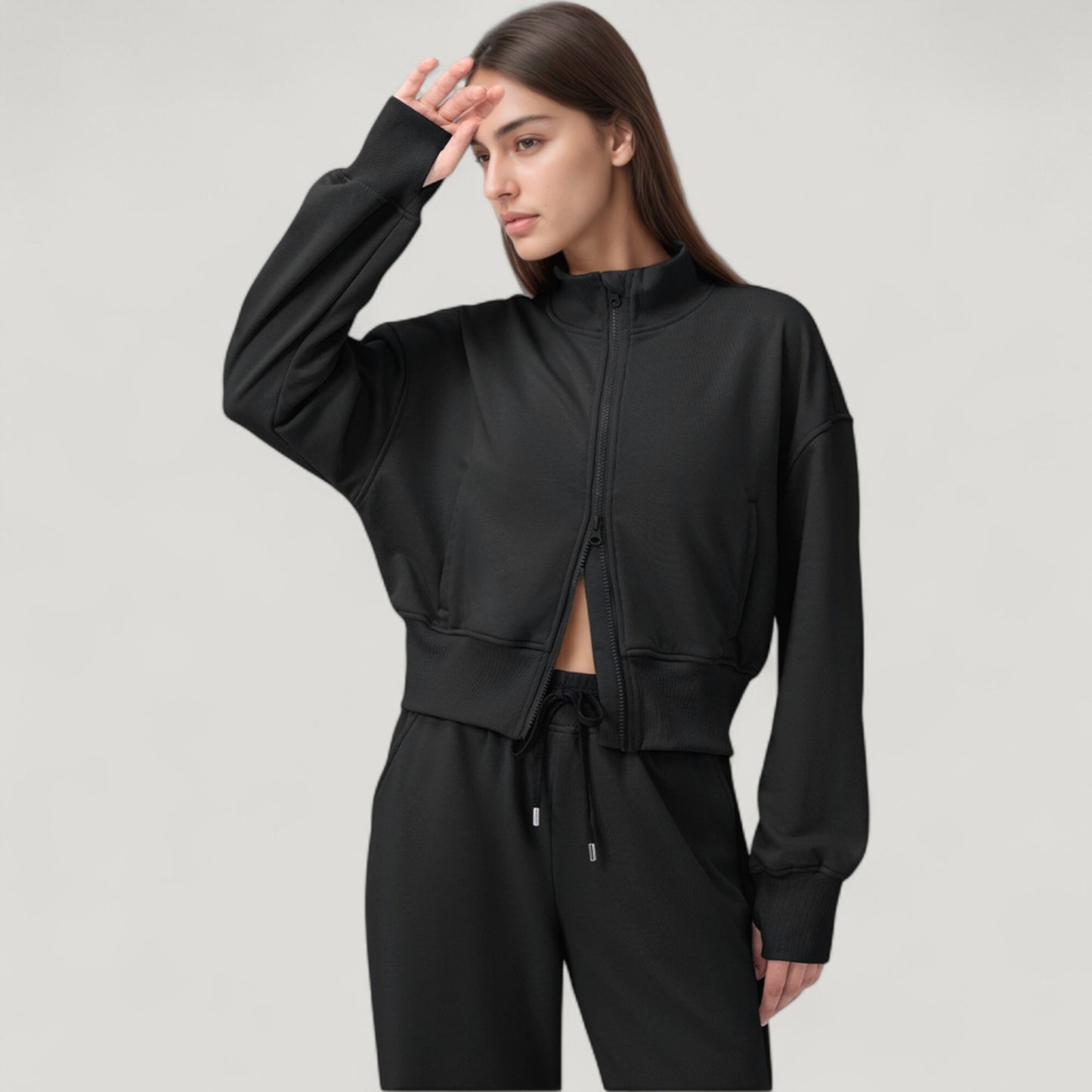 Anna-Kaci Active Women's Cropped Zip-Up Jacket with High Collar and Long Sleeves