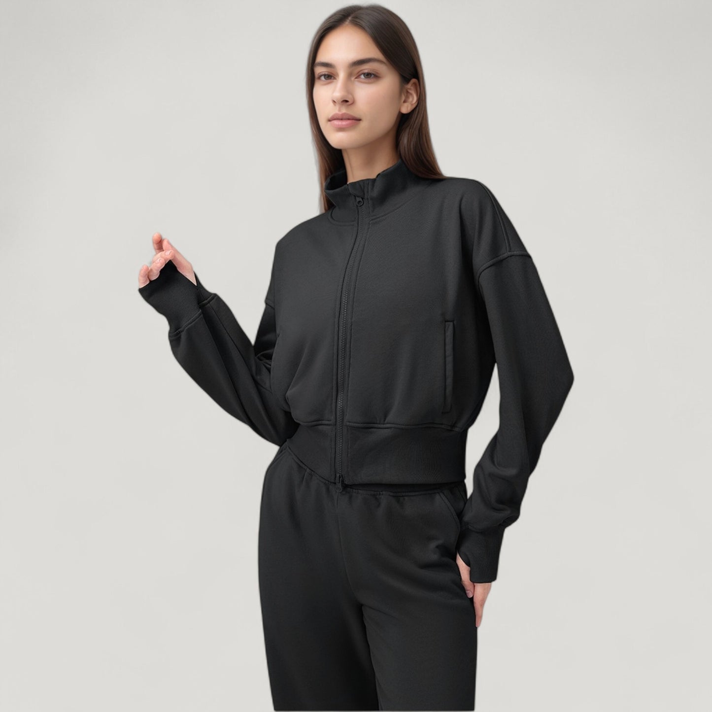 Anna-Kaci Active Women's Cropped Zip-Up Jacket with High Collar and Long Sleeves