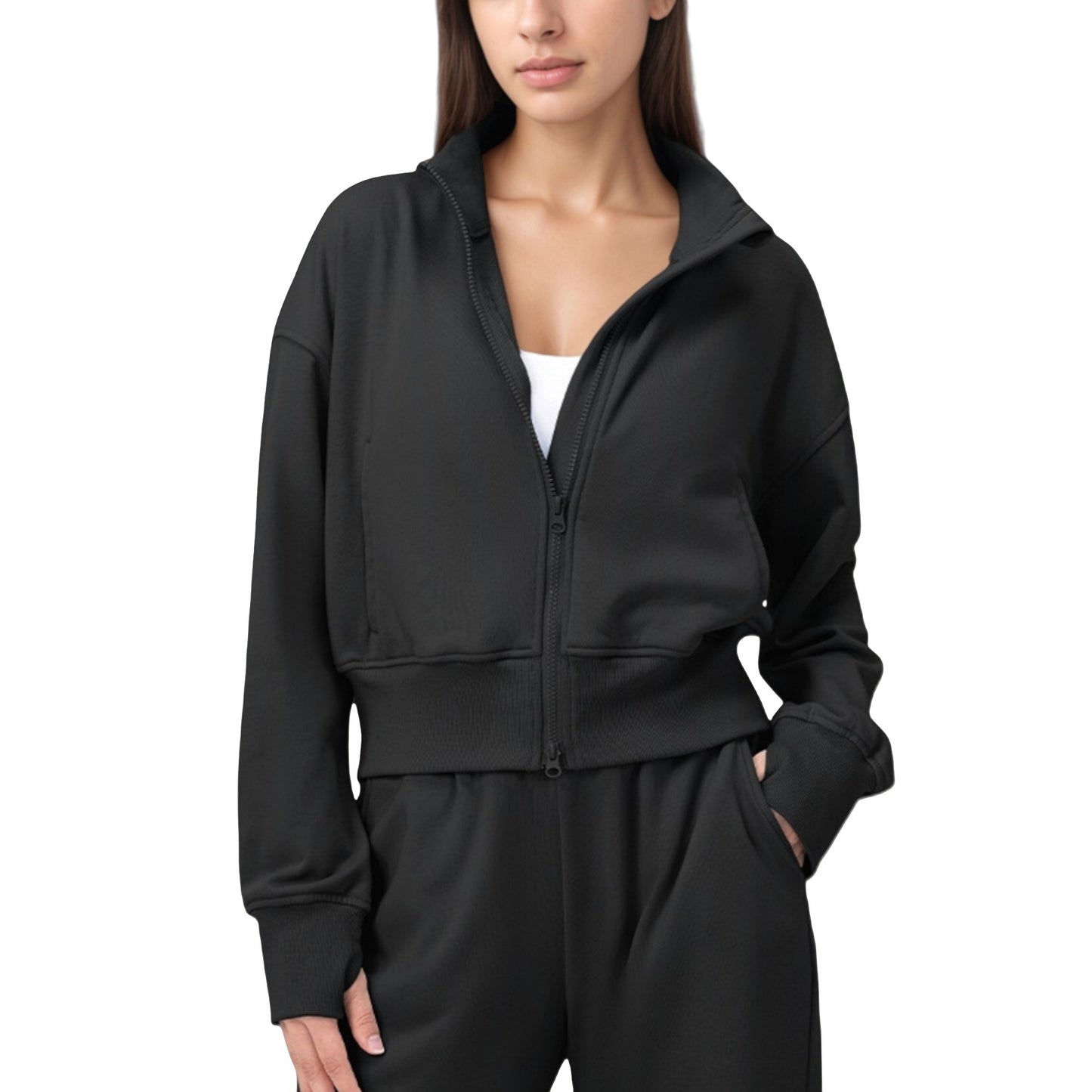 Anna-Kaci Active Women's Cropped Zip-Up Jacket with High Collar and Long Sleeves