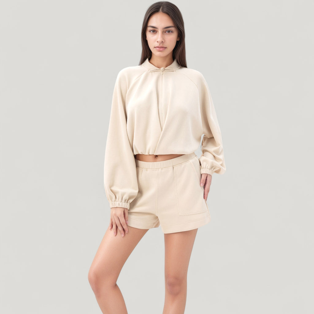 Anna-Kaci Active Women's Long Sleeve Woven Lounge Top with Half Zip Front, Elastic Hem, and Relaxed Draped Fit