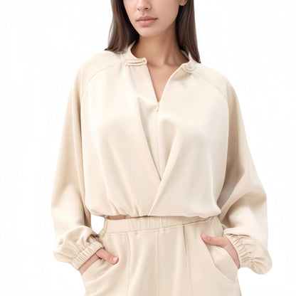 Anna-Kaci Active Women's Long Sleeve Woven Lounge Top with Half Zip Front, Elastic Hem, and Relaxed Draped Fit