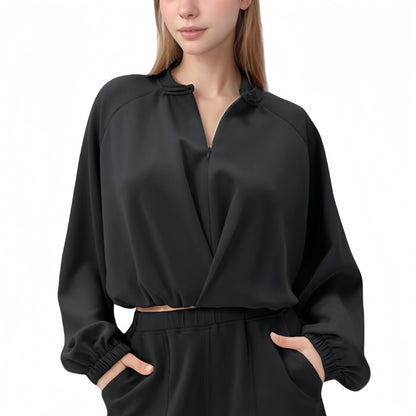 Anna-Kaci Active Women's Long Sleeve Woven Lounge Top with Half Zip Front, Elastic Hem, and Relaxed Draped Fit