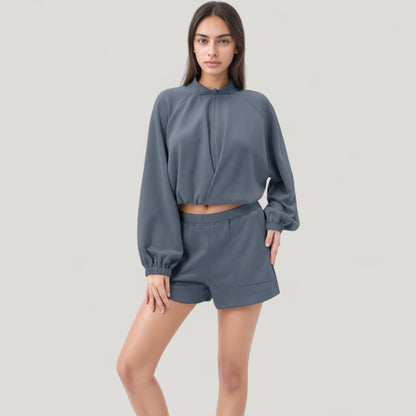 Anna-Kaci Active Women's Long Sleeve Woven Lounge Top with Half Zip Front, Elastic Hem, and Relaxed Draped Fit