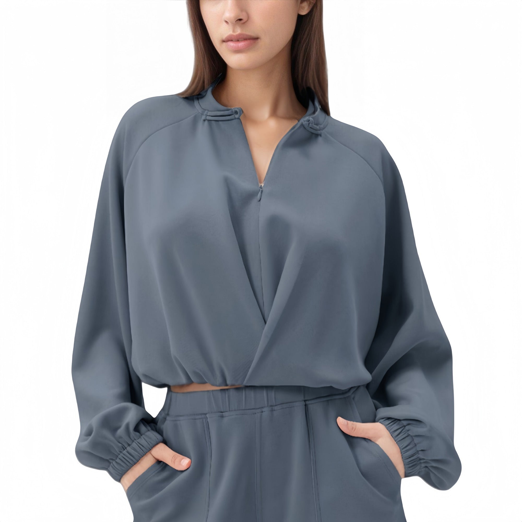 Anna-Kaci Active Women's Long Sleeve Woven Lounge Top with Half Zip Front, Elastic Hem, and Relaxed Draped Fit