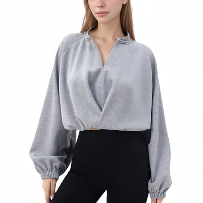 Anna-Kaci Active Women's Long Sleeve Woven Lounge Top with Half Zip Front, Elastic Hem, and Relaxed Draped Fit