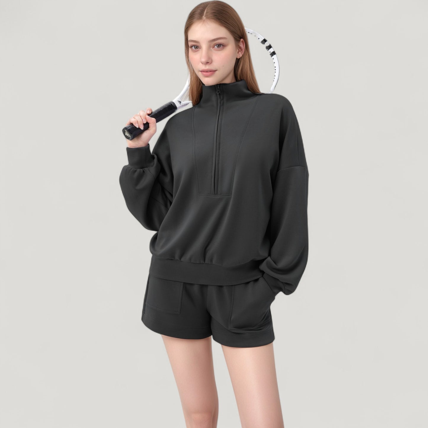 Anna-Kaci Active Women's Long Sleeve Woven Half Zip Pullover Top with Stand Collar and Elastic Cuffs