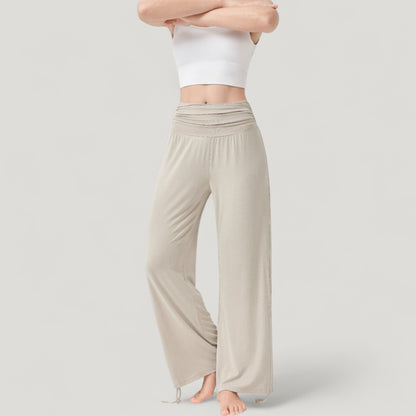 Anna-Kaci Active Women's Wide Leg Lounge Pants with Fold Over Waistband and Adjustable Drawstring Hem