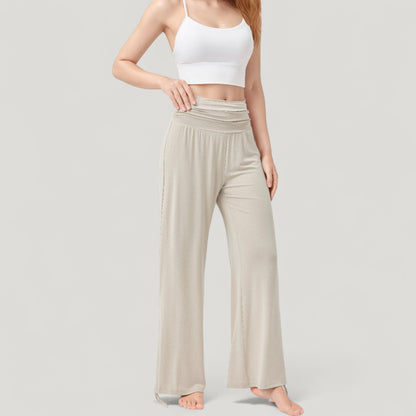 Anna-Kaci Active Women's Wide Leg Lounge Pants with Fold Over Waistband and Adjustable Drawstring Hem
