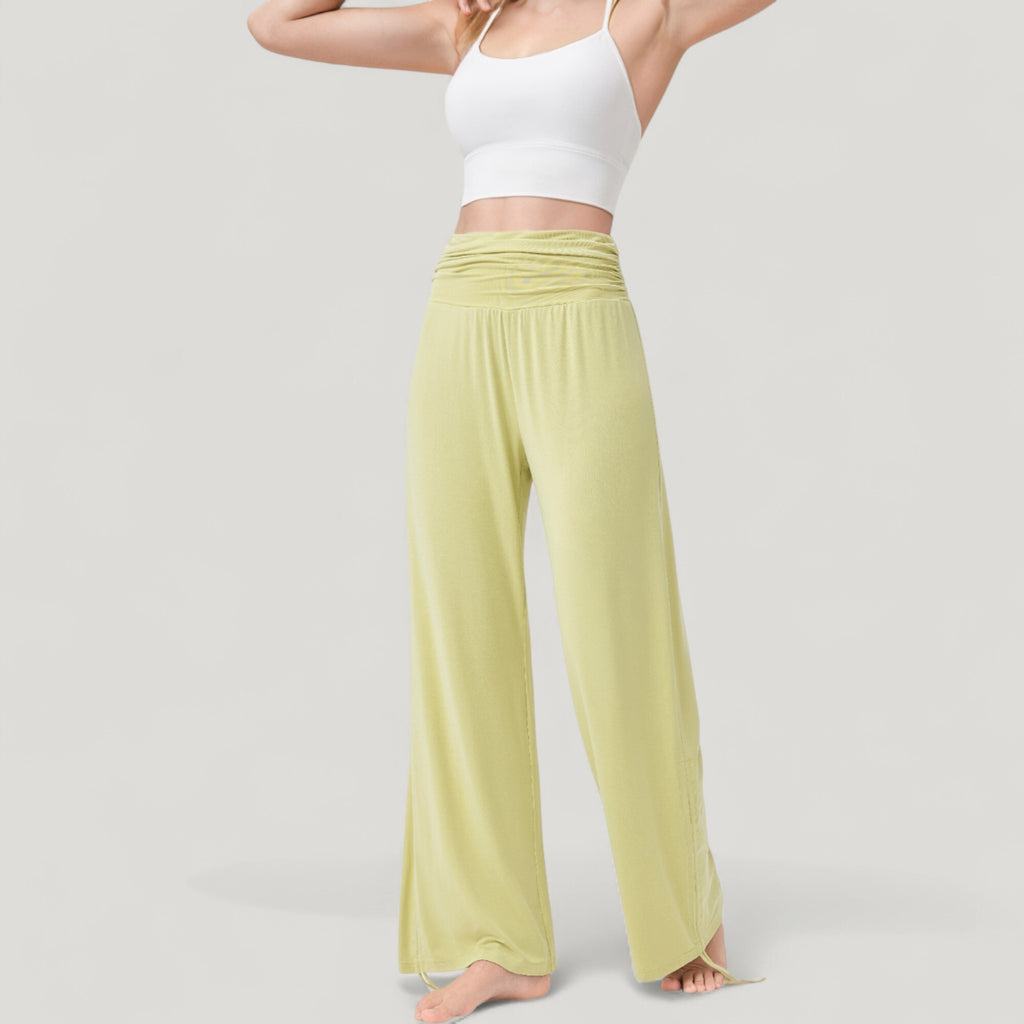 Anna-Kaci Active Women's Wide Leg Lounge Pants with Fold Over Waistband and Adjustable Drawstring Hem