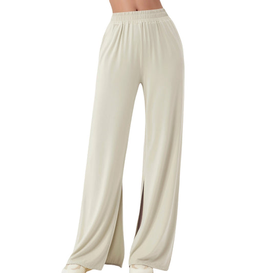 Anna-Kaci Active Women's Wide Leg Lounge Pants with Elastic Waistband and Side Slit Hem Detail