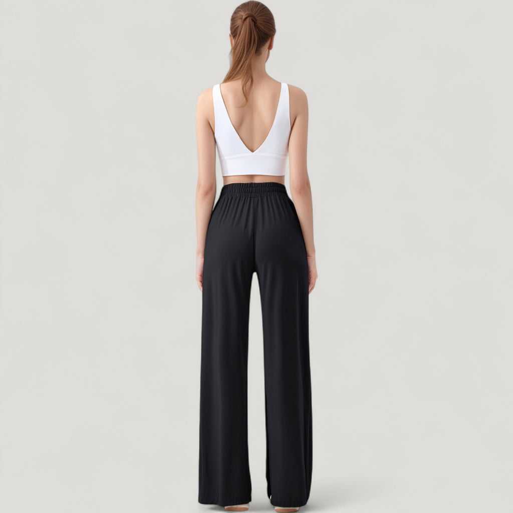 Anna-Kaci Active Women's Wide Leg Lounge Pants with Elastic Waistband and Side Slit Hem Detail