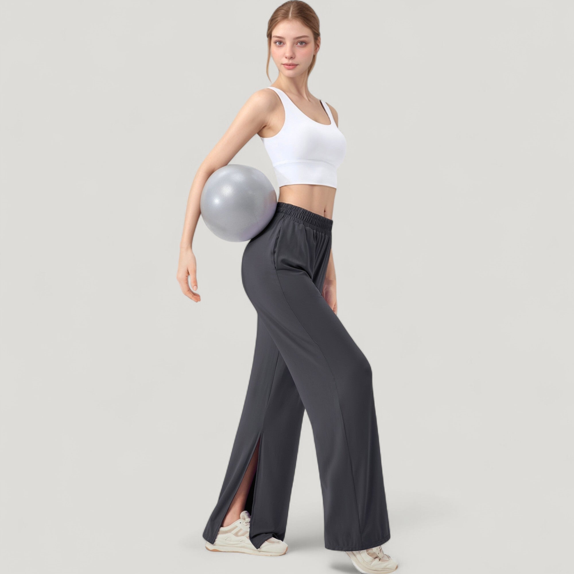 Anna-Kaci Active Women's Wide Leg Lounge Pants with Elastic Waistband and Side Slit Hem Detail