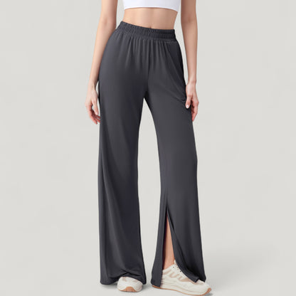Anna-Kaci Active Women's Wide Leg Lounge Pants with Elastic Waistband and Side Slit Hem Detail