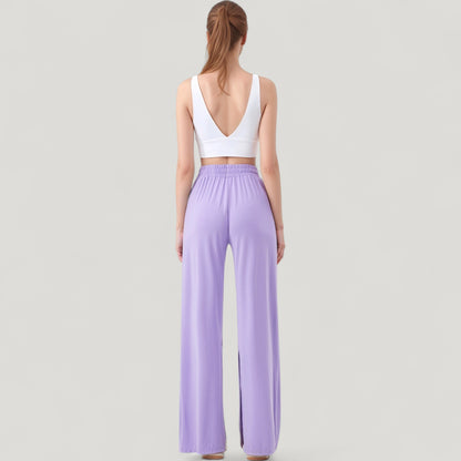 Anna-Kaci Active Women's Wide Leg Lounge Pants with Elastic Waistband and Side Slit Hem Detail
