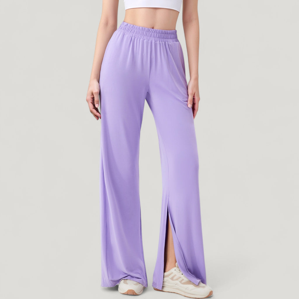 Anna-Kaci Active Women's Wide Leg Lounge Pants with Elastic Waistband and Side Slit Hem Detail
