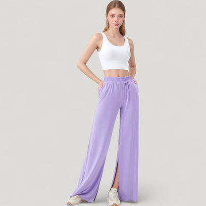 Anna-Kaci Active Women's Wide Leg Lounge Pants with Elastic Waistband and Side Slit Hem Detail