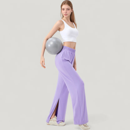 Anna-Kaci Active Women's Wide Leg Lounge Pants with Elastic Waistband and Side Slit Hem Detail