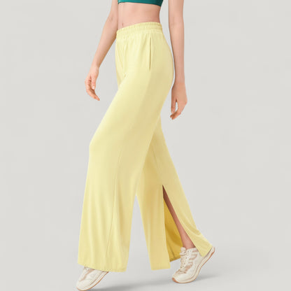 Anna-Kaci Active Women's Wide Leg Lounge Pants with Elastic Waistband and Side Slit Hem Detail