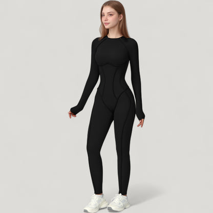 Anna-Kaci Active Women's Long Sleeve Fitted One-Piece Activewear Jumpsuit with Contoured Stitching and Open Back Design