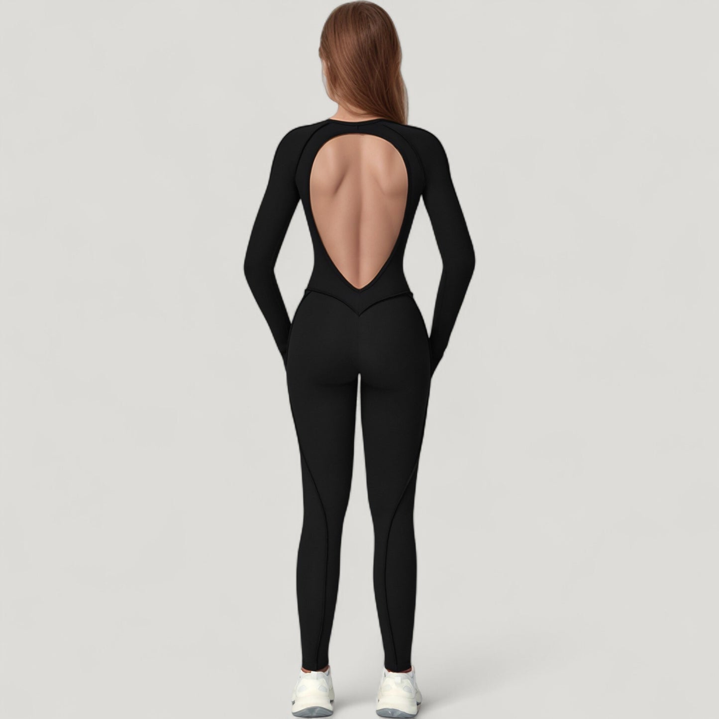 Anna-Kaci Active Women's Long Sleeve Fitted One-Piece Activewear Jumpsuit with Contoured Stitching and Open Back Design