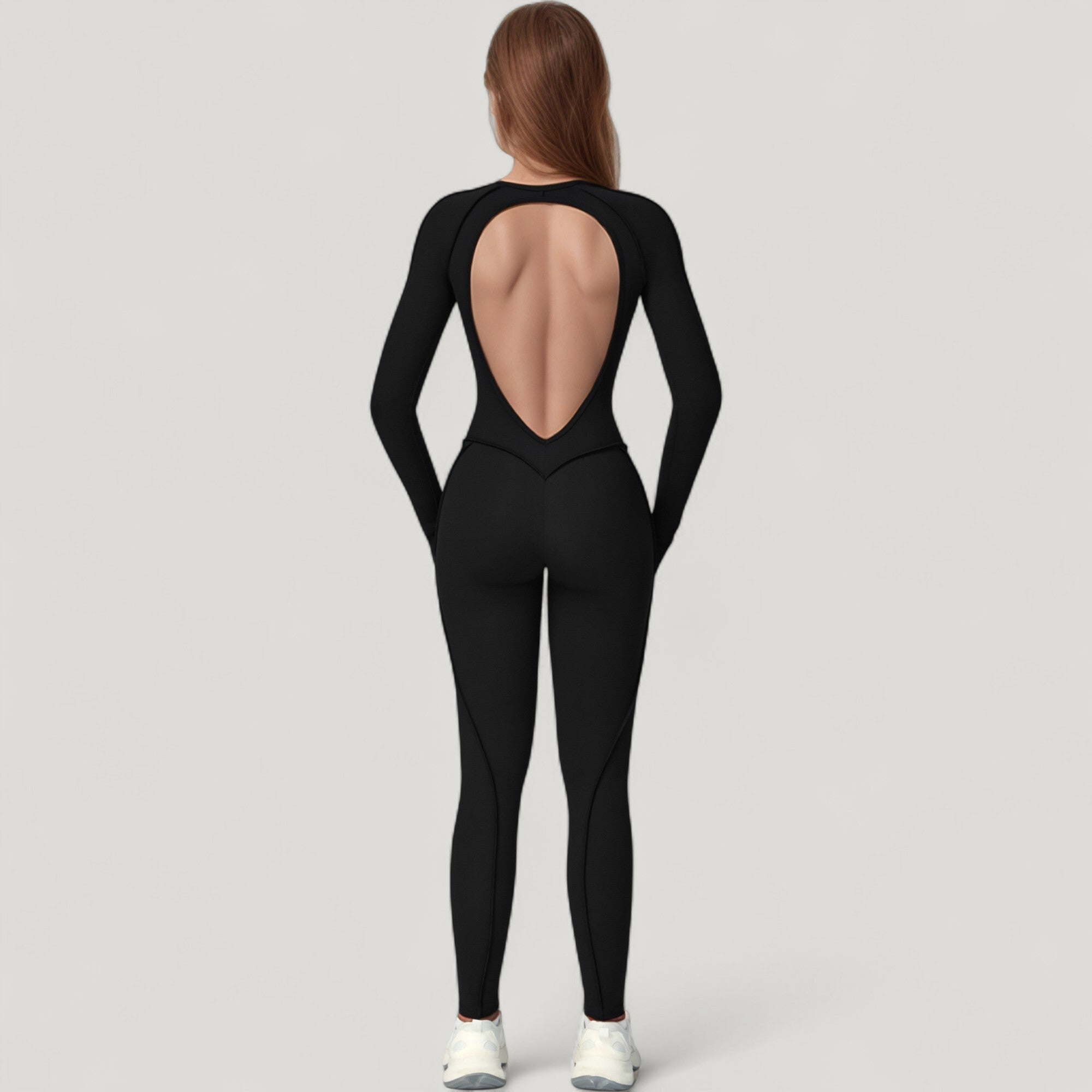 Anna-Kaci Active Women's Long Sleeve Fitted One-Piece Activewear Jumpsuit with Contoured Stitching and Open Back Design