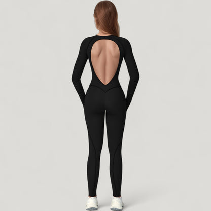 Anna-Kaci Active Women's Long Sleeve Fitted One-Piece Activewear Jumpsuit with Contoured Stitching and Open Back Design