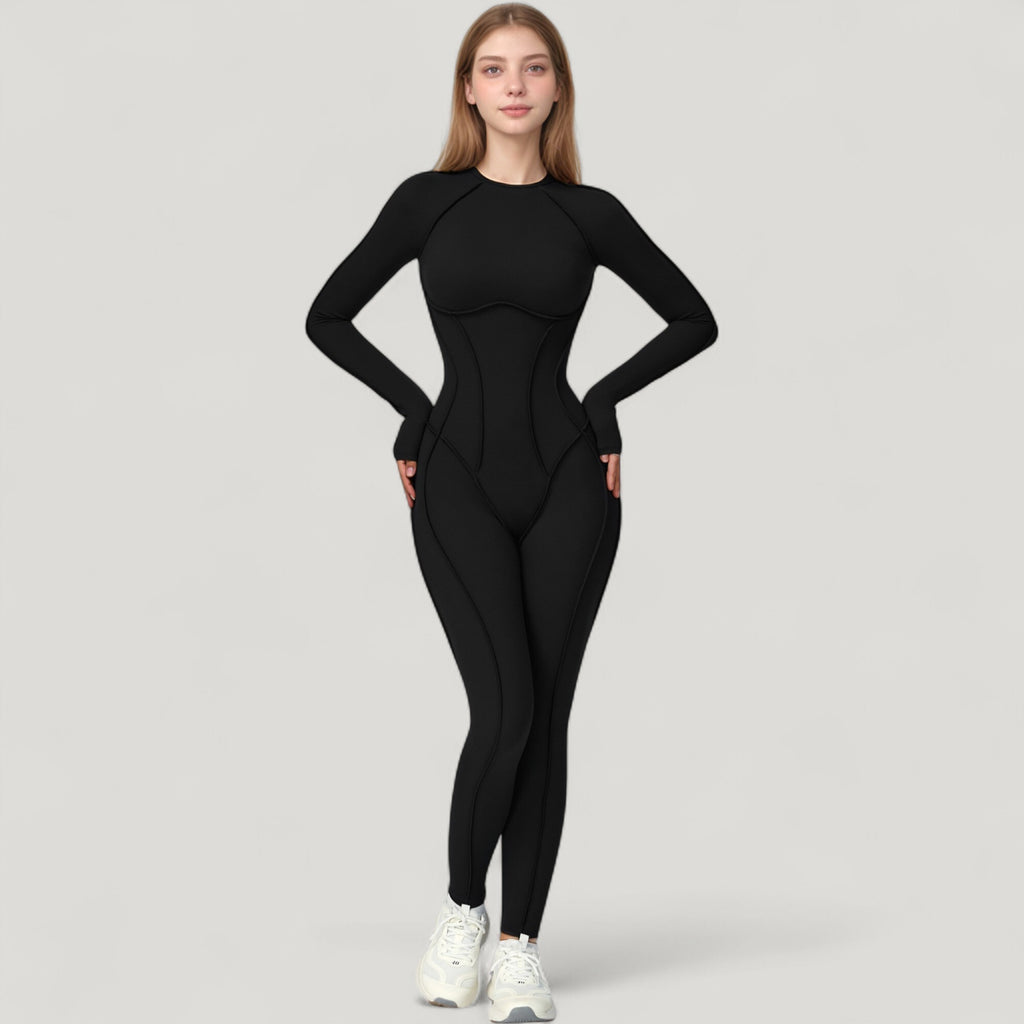 Anna-Kaci Active Women's Long Sleeve Fitted One-Piece Activewear Jumpsuit with Contoured Stitching and Open Back Design