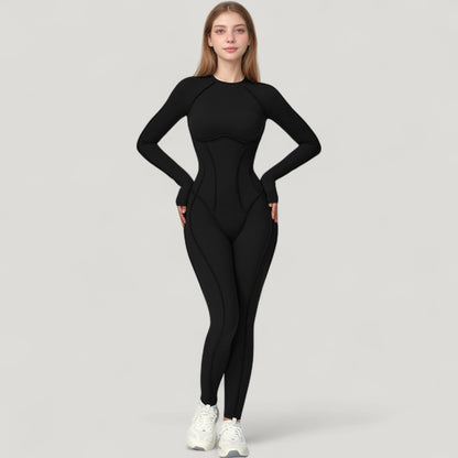 Anna-Kaci Active Women's Long Sleeve Fitted One-Piece Activewear Jumpsuit with Contoured Stitching and Open Back Design