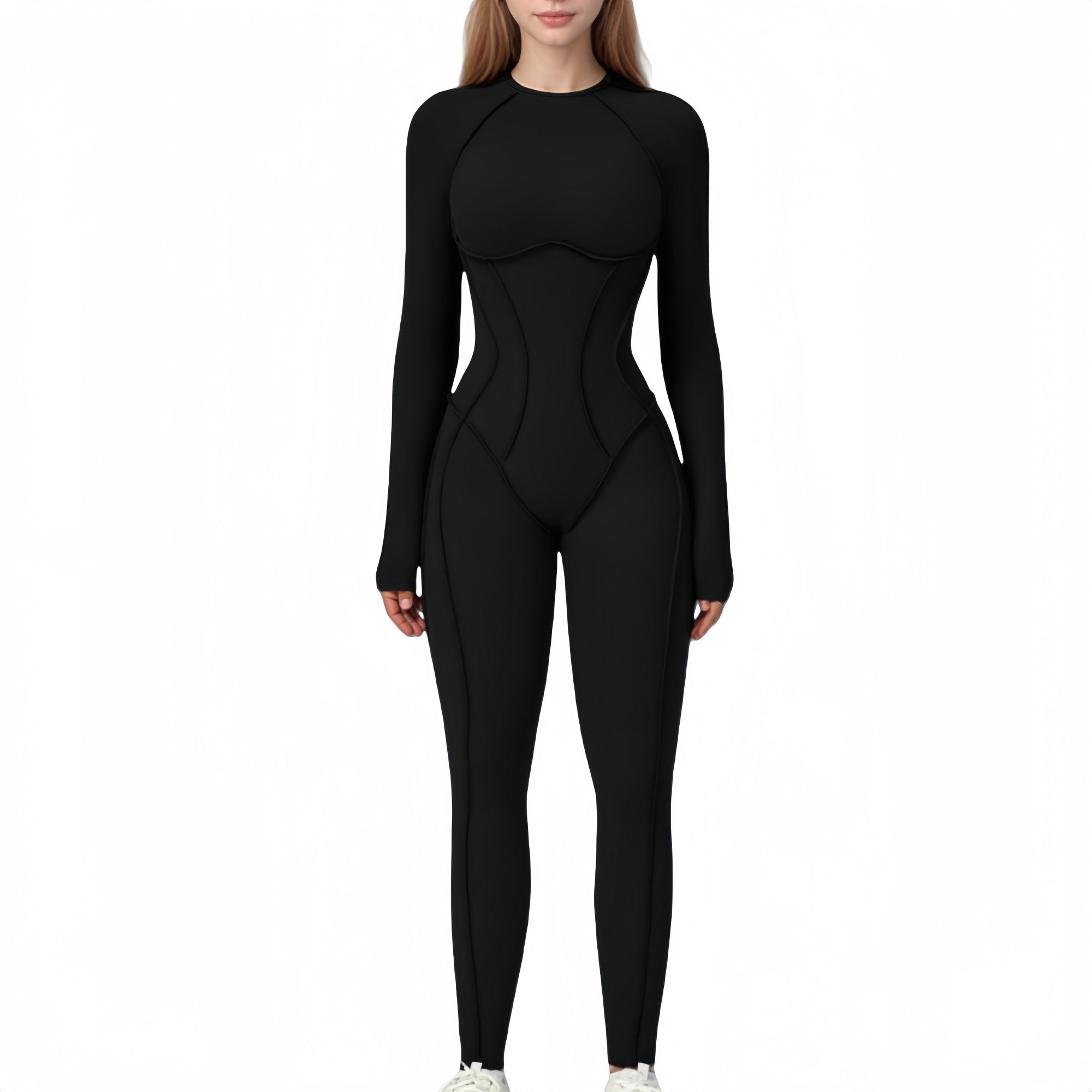 Anna-Kaci Active Women's Long Sleeve Fitted One-Piece Activewear Jumpsuit with Contoured Stitching and Open Back Design