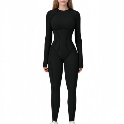 Anna-Kaci Active Women's Long Sleeve Fitted One-Piece Activewear Jumpsuit with Contoured Stitching and Open Back Design