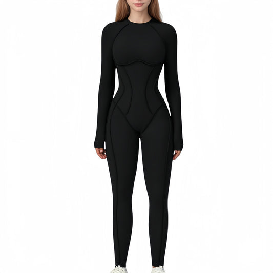 Anna-Kaci Active Women's Long Sleeve Fitted One-Piece Activewear Jumpsuit with Contoured Stitching and Open Back Design