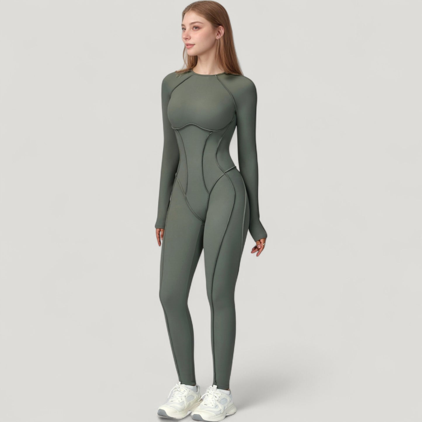 Anna-Kaci Active Women's Long Sleeve Fitted One-Piece Activewear Jumpsuit with Contoured Stitching and Open Back Design