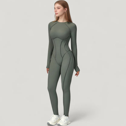 Anna-Kaci Active Women's Long Sleeve Fitted One-Piece Activewear Jumpsuit with Contoured Stitching and Open Back Design