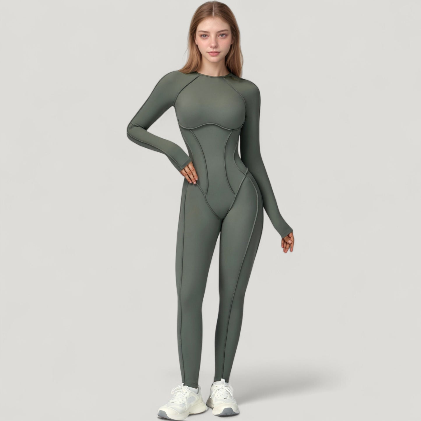 Anna-Kaci Active Women's Long Sleeve Fitted One-Piece Activewear Jumpsuit with Contoured Stitching and Open Back Design