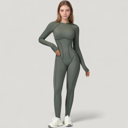 Anna-Kaci Active Women's Long Sleeve Fitted One-Piece Activewear Jumpsuit with Contoured Stitching and Open Back Design