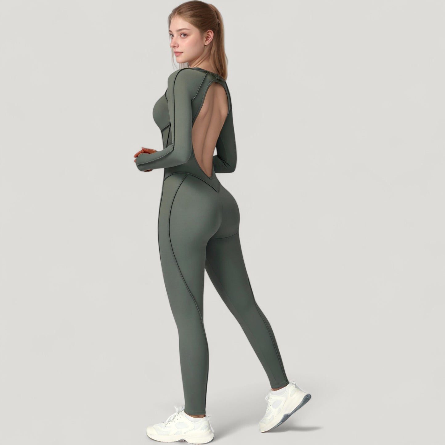 Anna-Kaci Active Women's Long Sleeve Fitted One-Piece Activewear Jumpsuit with Contoured Stitching and Open Back Design