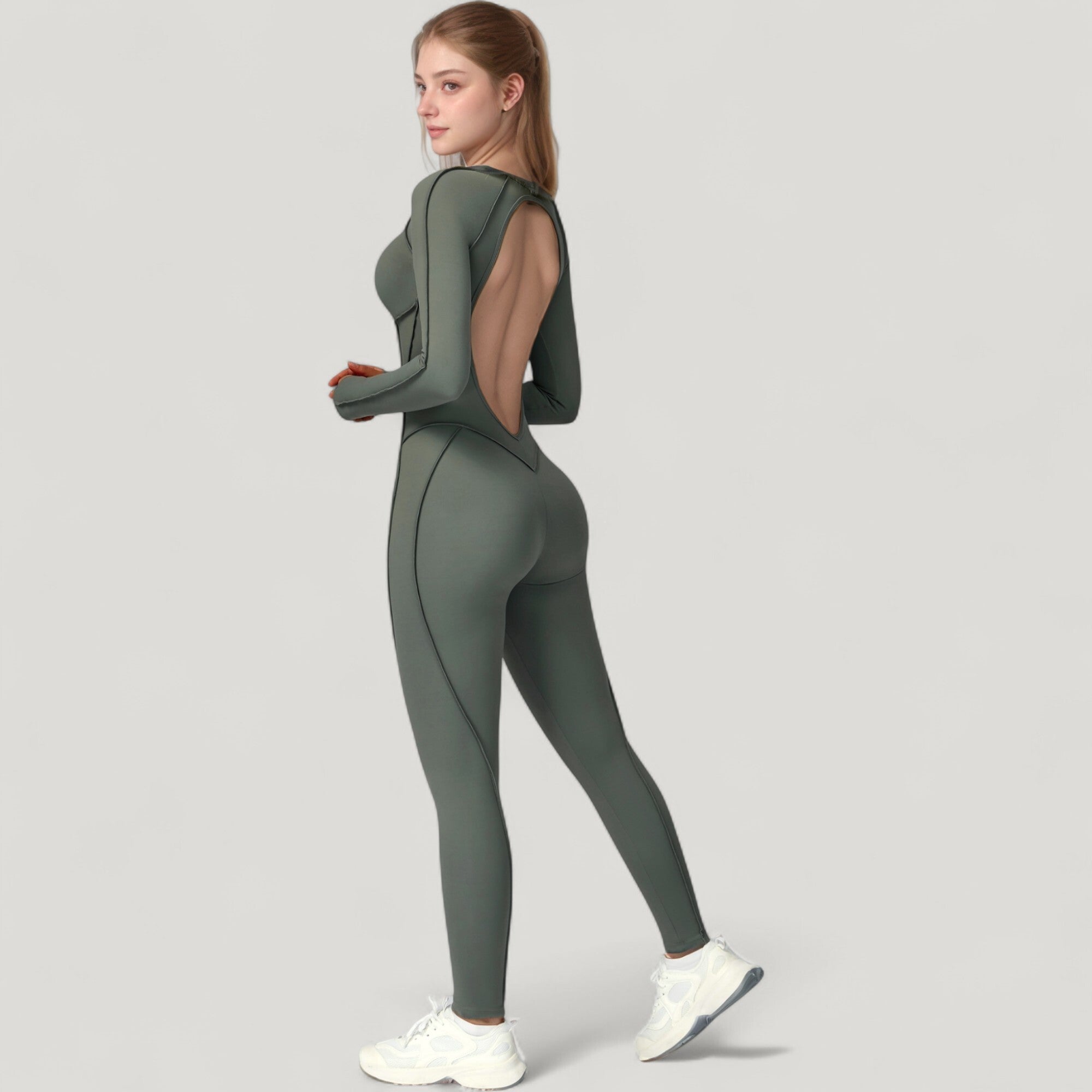 Anna-Kaci Active Women's Long Sleeve Fitted One-Piece Activewear Jumpsuit with Contoured Stitching and Open Back Design