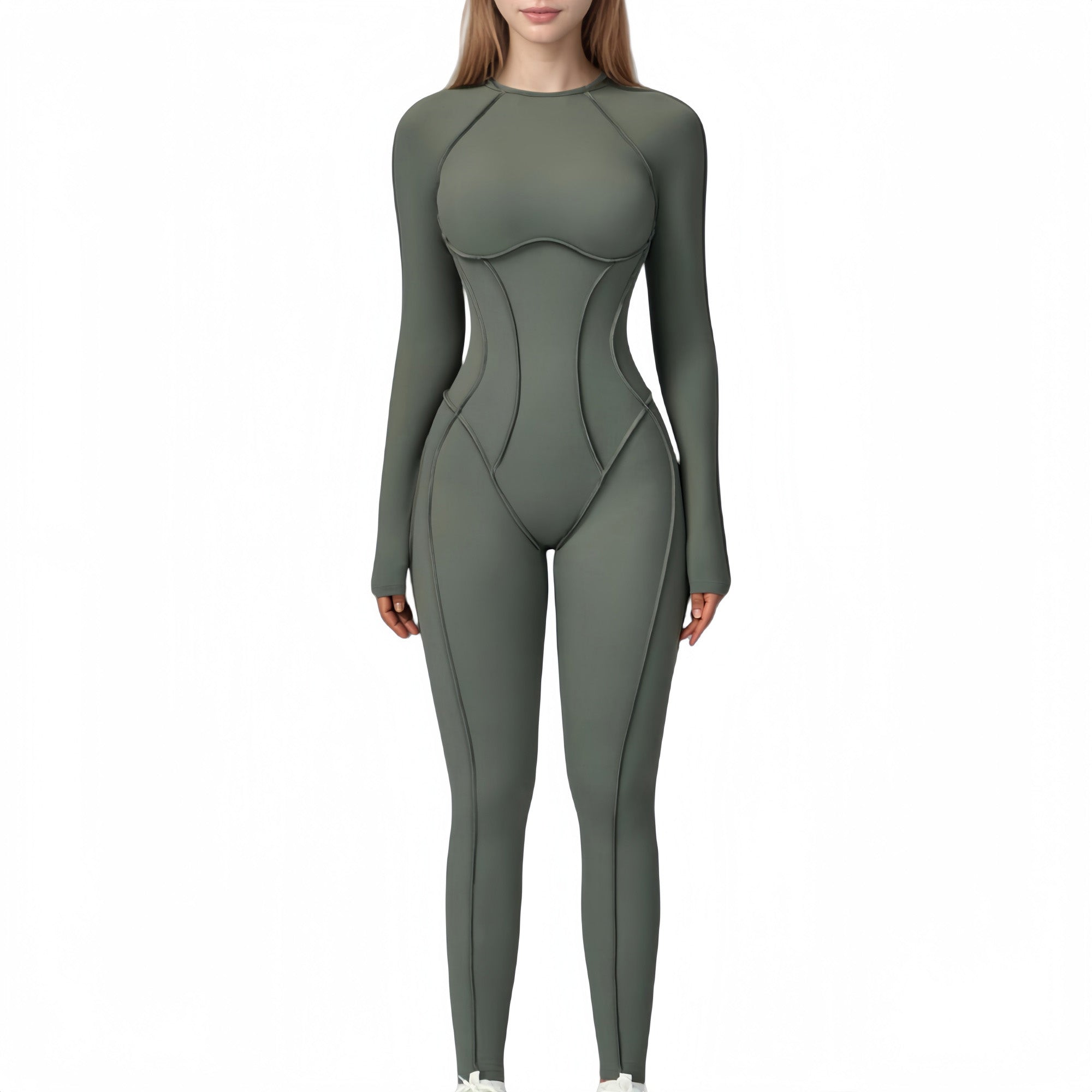 Anna-Kaci Active Women's Long Sleeve Fitted One-Piece Activewear Jumpsuit with Contoured Stitching and Open Back Design