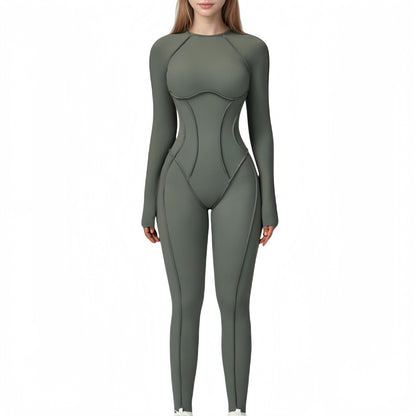 Anna-Kaci Active Women's Long Sleeve Fitted One-Piece Activewear Jumpsuit with Contoured Stitching and Open Back Design