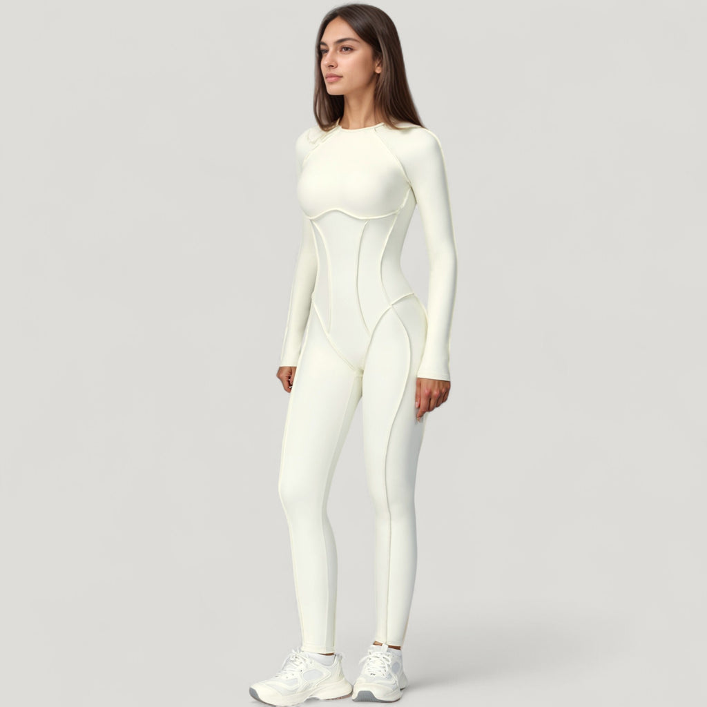 Anna-Kaci Active Women's Long Sleeve Fitted One-Piece Activewear Jumpsuit with Contoured Stitching and Open Back Design