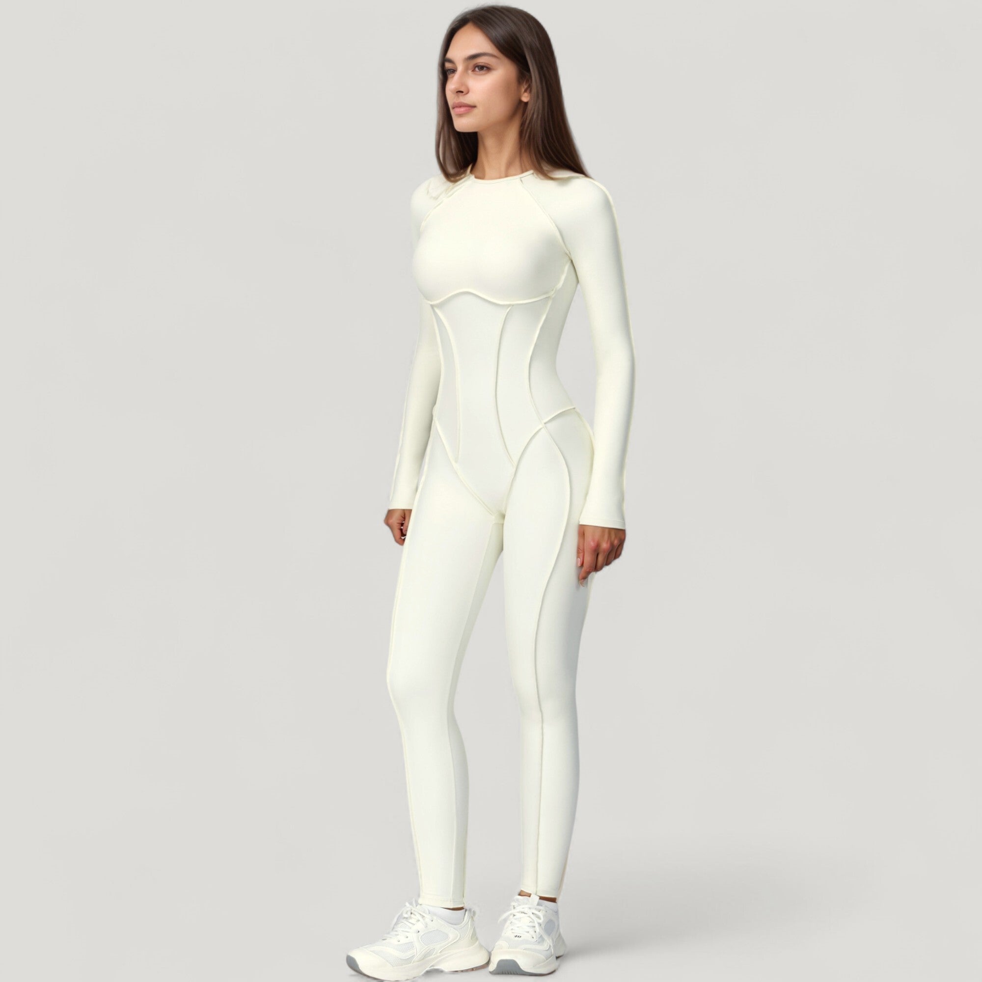 Anna-Kaci Active Women's Long Sleeve Fitted One-Piece Activewear Jumpsuit with Contoured Stitching and Open Back Design