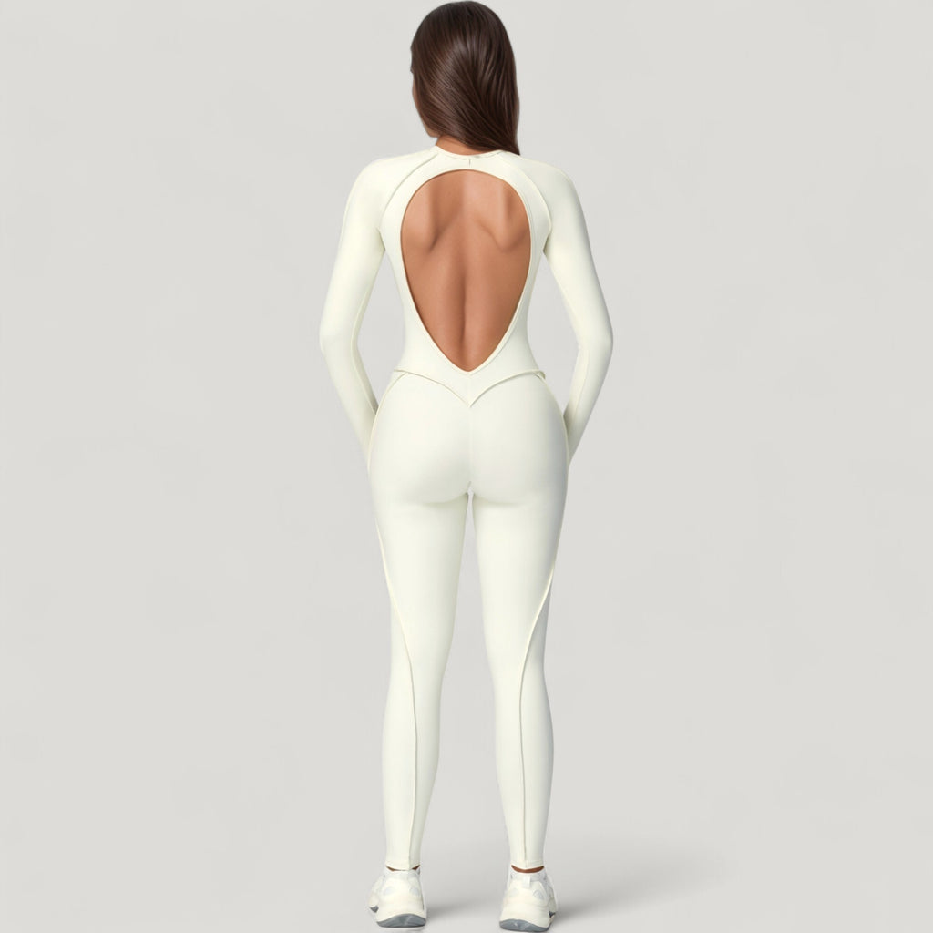 Anna-Kaci Active Women's Long Sleeve Fitted One-Piece Activewear Jumpsuit with Contoured Stitching and Open Back Design