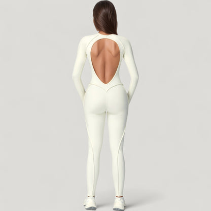 Anna-Kaci Active Women's Long Sleeve Fitted One-Piece Activewear Jumpsuit with Contoured Stitching and Open Back Design