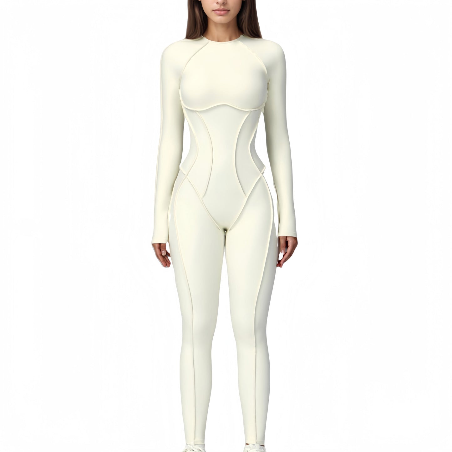 Anna-Kaci Active Women's Long Sleeve Fitted One-Piece Activewear Jumpsuit with Contoured Stitching and Open Back Design