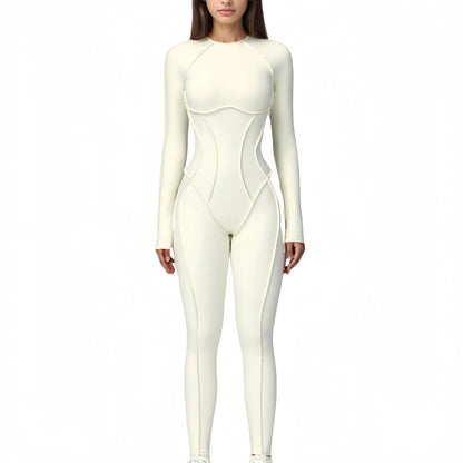 Anna-Kaci Active Women's Long Sleeve Fitted One-Piece Activewear Jumpsuit with Contoured Stitching and Open Back Design